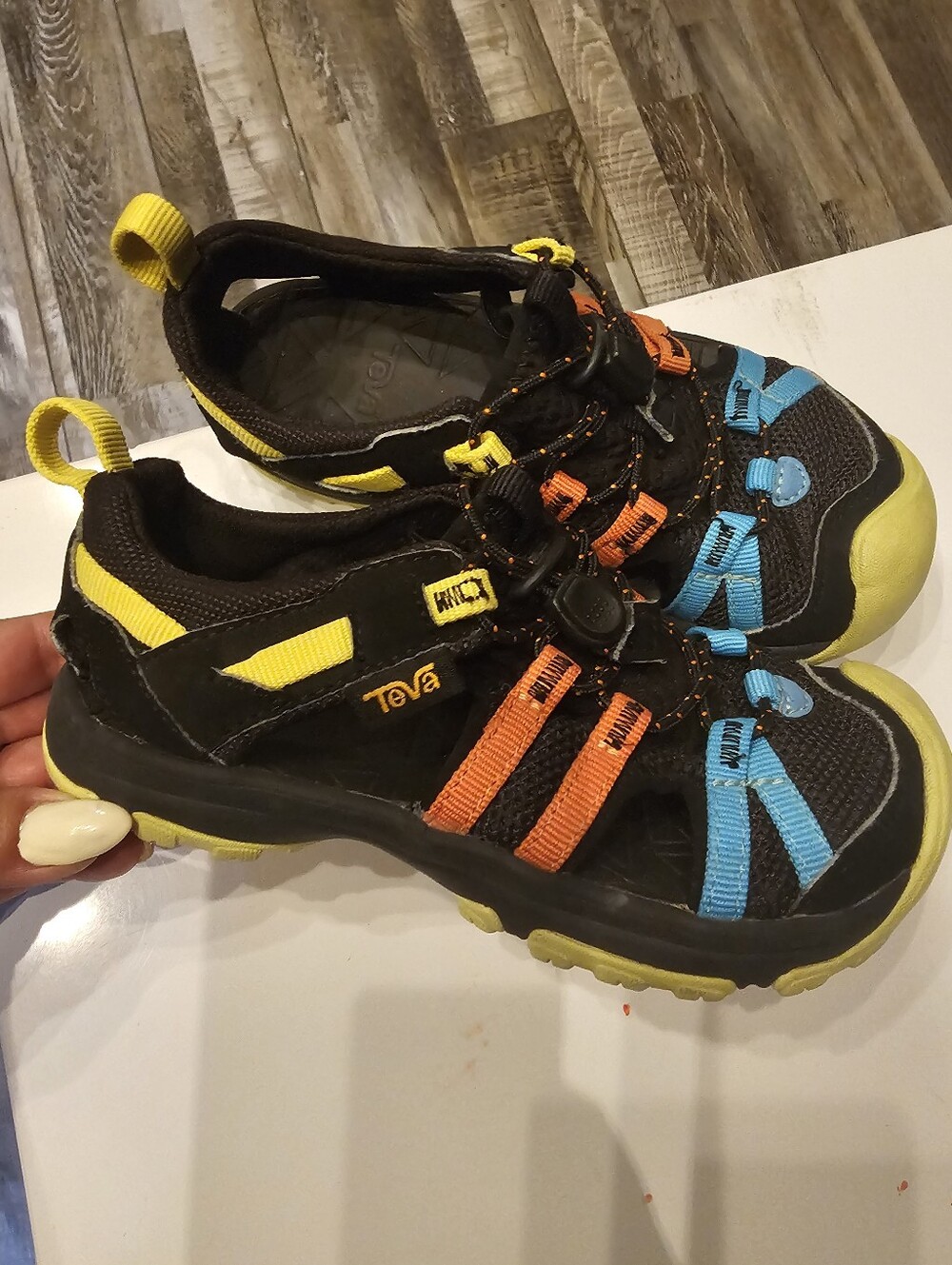 Teva Kids Black Water Shoes with Blue, Orange & Yellow Accents